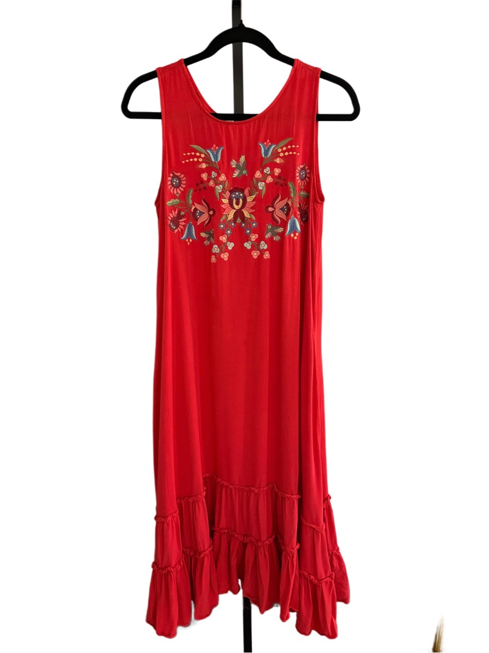 Boho Fairy Artsy Hippie Ruffle Embroidered Sleeveless Maxi Orange Dress Medium
